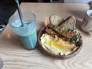 Hummus tempeh bowl, absolutely AMAZING. And a half-drank power green smoothie.  at Plant Cafe & Kitchen - Itaewon in Seoul