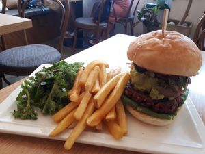 Avocado burger with fries 16500 Won at Plant Cafe & Kitchen - Itaewon in Seoul