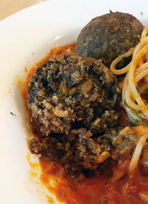 Spaghetti and meatballs, close-up of home-made meatballs at Plant Cafe & Kitchen - Itaewon in Seoul