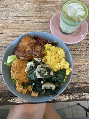 Macrobiotic bowl + vegan satay chicken and matcha latte  at The Sloth in Canggu