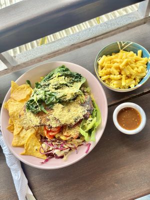 Seitan bowl with a side of mac & cheese  at The Sloth in Canggu