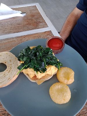 Cheesy Tofu breakfast bagel at The Sloth in Canggu