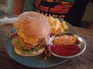 Spicy chicken burger,  huge! at The Sloth in Canggu