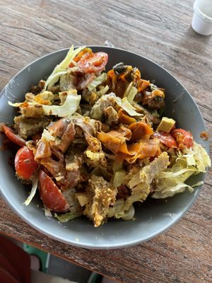 Cobb Salad, tossed! (w coco bacon, tofu egg salad, smoked carrot, seitan katsu, cherry tomato, ranch dressing )  at The Sloth in Canggu