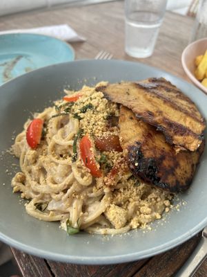 Vegan Alfredo and grilled seitan   at The Sloth in Canggu