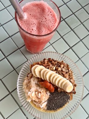 Watermelon juice and mango smoothie bowl   at The Sloth in Canggu