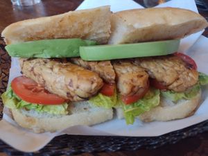 Delicious Vegan Tempeh, Lettuce & Tomato. (Also comes with chipotle sauce if you want it, but ulcers prevent me! Tomato relish would work well instead.) at Rialto in Eyemouth