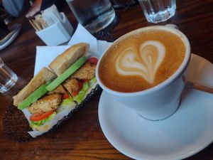 Gorgeous coffee - oatmylk latte - & vegan TLT. at Rialto in Eyemouth