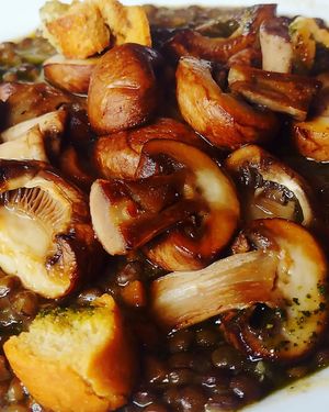 Amazing, flavourful mushrooms & lentil stew with herby croutons. at Rialto in Eyemouth