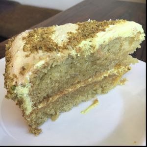 a bad photo of a great cake! lemon and saffron cake- delicious and moist at Golden Mean in Santa Monica