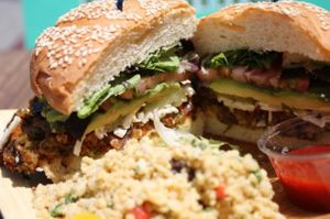 The Famous 'Works' Burger. Yum! at Golden Mean in Santa Monica