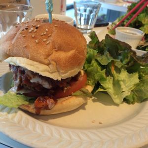 Veg burger. Accompanied with salad, potatoes and veg soup  at Hanada Rosso in Tokyo