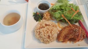 Lunch set - soup, salade, rice, soy croquettes at Hanada Rosso in Tokyo