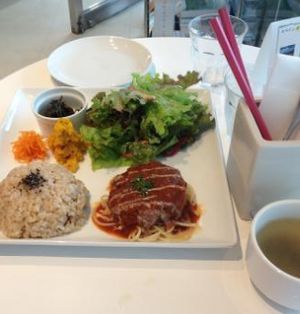 A burger type patty on top of noodles. It was delicious. at Hanada Rosso in Tokyo