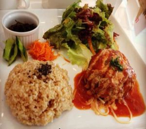 Their veggie hamburg plate with brown rice at Hanada Rosso in Tokyo