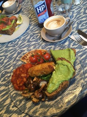 Vegan fry and oat milk flat white  at The Hideaway in Bridge Of Allan
