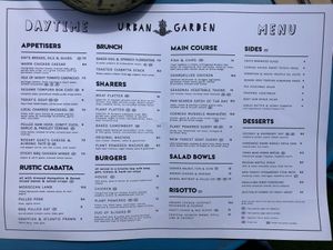Daytime menu August 2019 at Urban Garden in Bournemouth