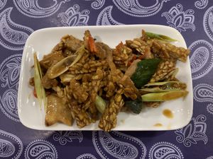 Tempeh with Omnipork strip  at Warung Ijo in Central Singapore