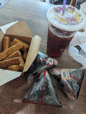 Three small rice balls (all vegan) and tofu fries at Yaya Tea in Chapel Hill