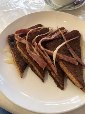 Savoury french toast w maple and bacon at Serendipities in Dundee