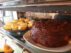 The cabinet of vegan cakes at Serendipities in Dundee