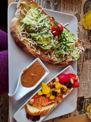 Vegan breakfast- the small dish has peanut butter at Celeiro Cafe in Peniche