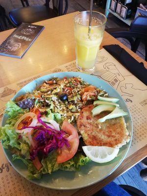 The veggie burger is delicious! One of the best one I ever had. Everything tastes great! at Celeiro Cafe in Peniche