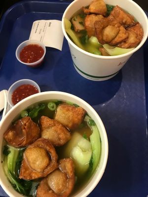 Crispy won tons over noodles; filing, fresh and delicious   at Loving Hut in San Jose