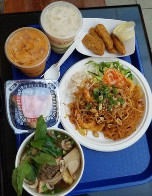 Pho, thai iced tea, strawberry "cheese"cake, pad thai at Loving Hut in San Jose
