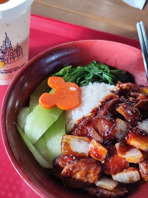 Rice, fried bean curd and veggies in garlicy sauce, with pakchoi at Disney - Tangled Tree Tavern  in Shanghai