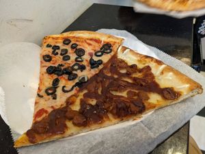 BBQ chicken slice & Black Olive slice at Artistic Pizza in New York City