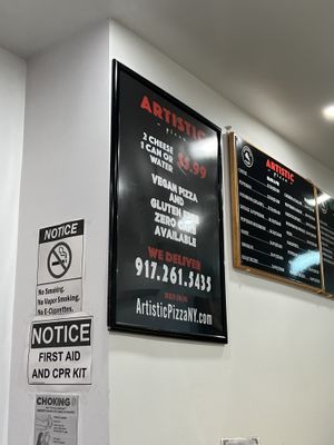 Sign  at Artistic Pizza in New York City