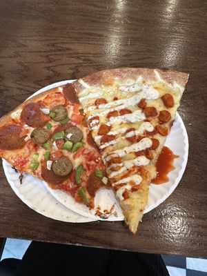 Everything and Buffalo Chick’n slices  at Artistic Pizza in New York City