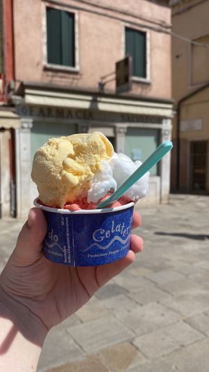 Muy bueno!! Había 4 sabores de sorbetes, limón, mango, fresa y naranja.   at Gelateria S. Leonardo in Venice