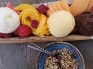fruit & chocolate sorbets, fruit and granola at Brasserie L'Instant in Ajaccio