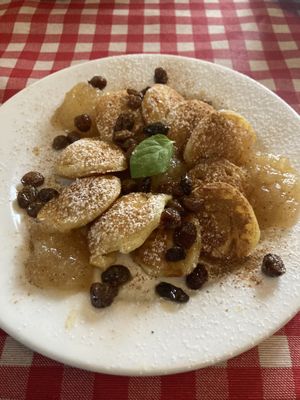 Poffertjes with apple compote, raisins and cinnamon   at Det Lille Pannekakehuset in Lillehammer
