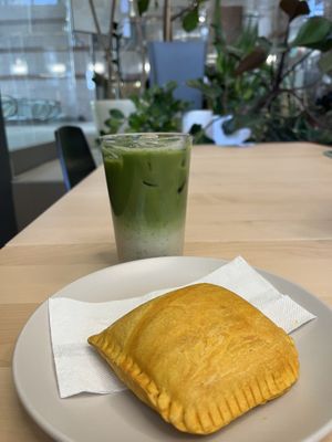 Iced matcha latte & vegepate   at Leaves House || in Montreal