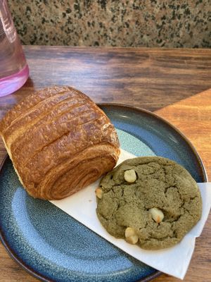 Chocolate croissant and matcha cookie  at Leaves House || in Montreal