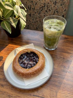 Blueberry danish, iced matcha lattee  at Leaves House || in Montreal