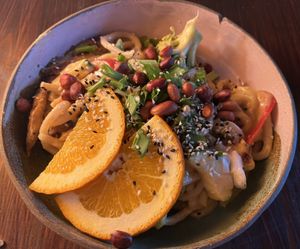‘Chicken’ and peanut udon in orange sauce  at Bracka 20 in Warsaw