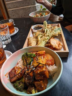 Teriyaki tofu, tempura veggies and kimchi fried rice at Bracka 20 in Warsaw