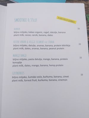 Smoothie Menu at Urban & Veggie in Dubrovnik