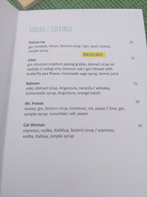 Cocktail Menu at Urban & Veggie in Dubrovnik