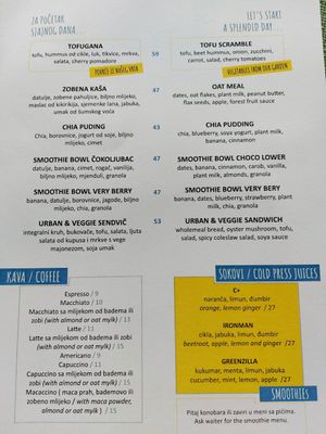 Breakfast menu at Urban & Veggie in Dubrovnik