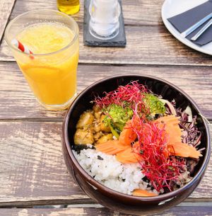 Spicy tofu poke bowl and C+ juice   at Urban & Veggie in Dubrovnik