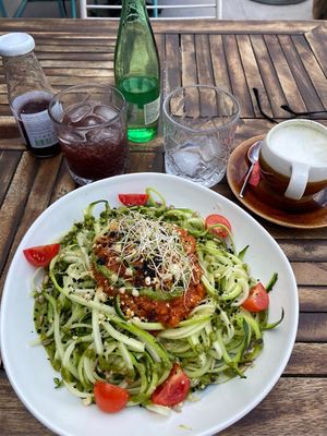 Courgetti, pomegranate juice and matcha latte  at Urban & Veggie in Dubrovnik