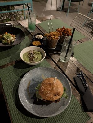 Vegan burger. Sweet potato fries. Regular fries. Risotto. Pea and potato mash. Cheese & mayo dips. at Urban & Veggie in Dubrovnik