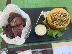 Vegeburger with smoky sweet potato fries and vegenaise at Urban & Veggie in Dubrovnik