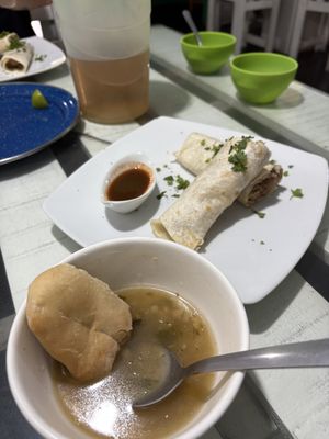Sopa, pan, tacos de árabe con salsas ricas  at Clorofila in Queretaro