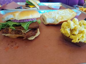 Bacon cheese burger, mac and cheese, garlic cheese bread at Smokee Mo's St Louis BBQ in St Louis